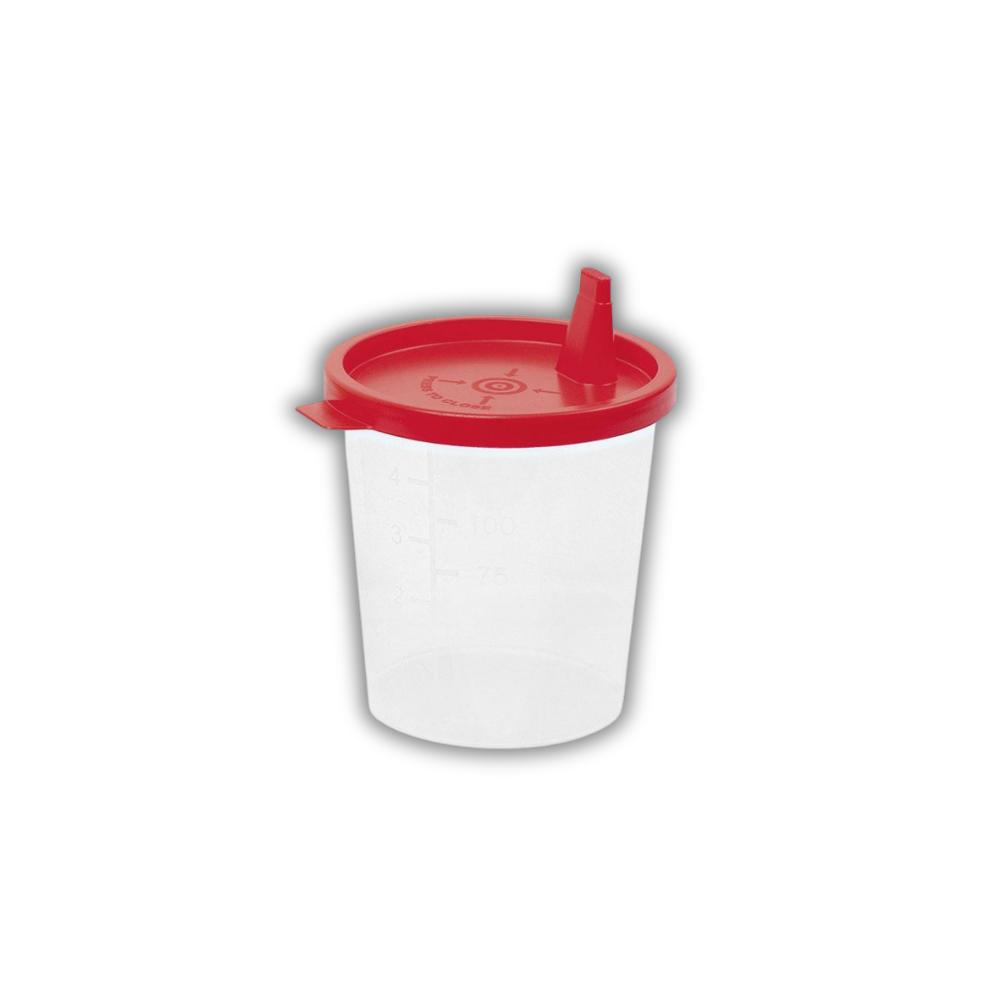 Urinbecher Deckel mit Ausguß 125 ml, roter Deckel mit Ausguß, unsteril