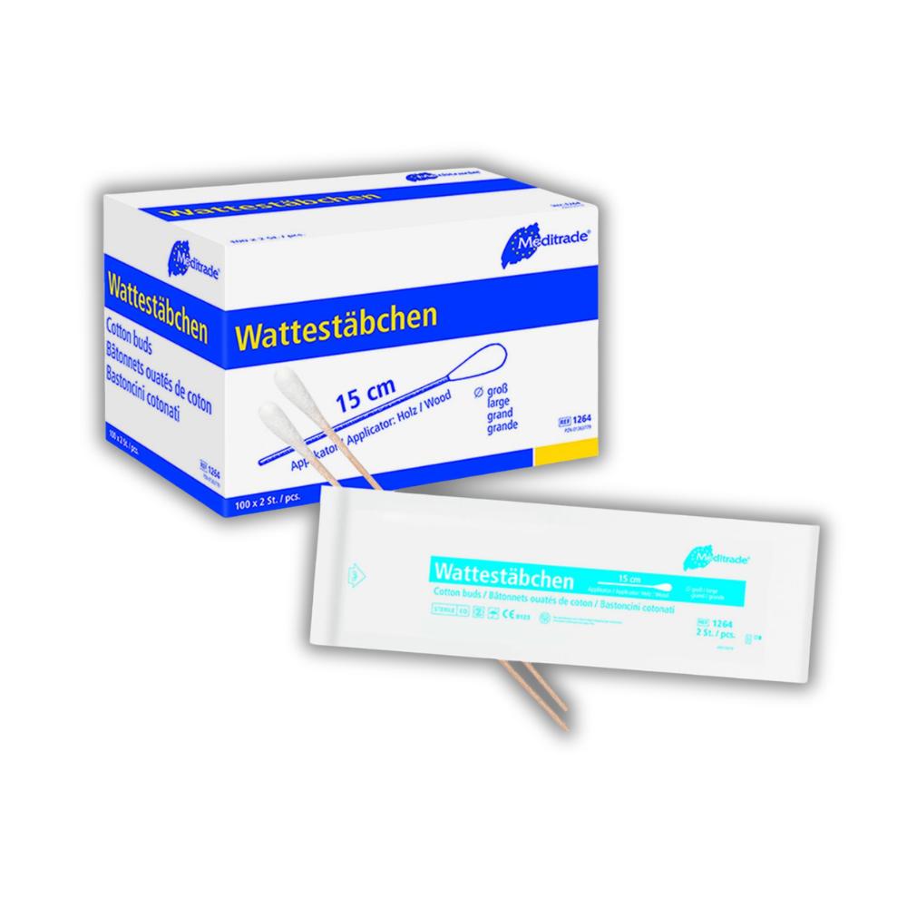 Wattestäbchen steril zu 2 Stk steril verpackt, Länge: 15 cm, großer Kopf, Holz