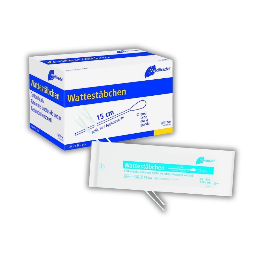Wattestäbchen steril zu 2 Stk steril verpackt, Länge: 15 cm, großer Kopf, Kunststoff
