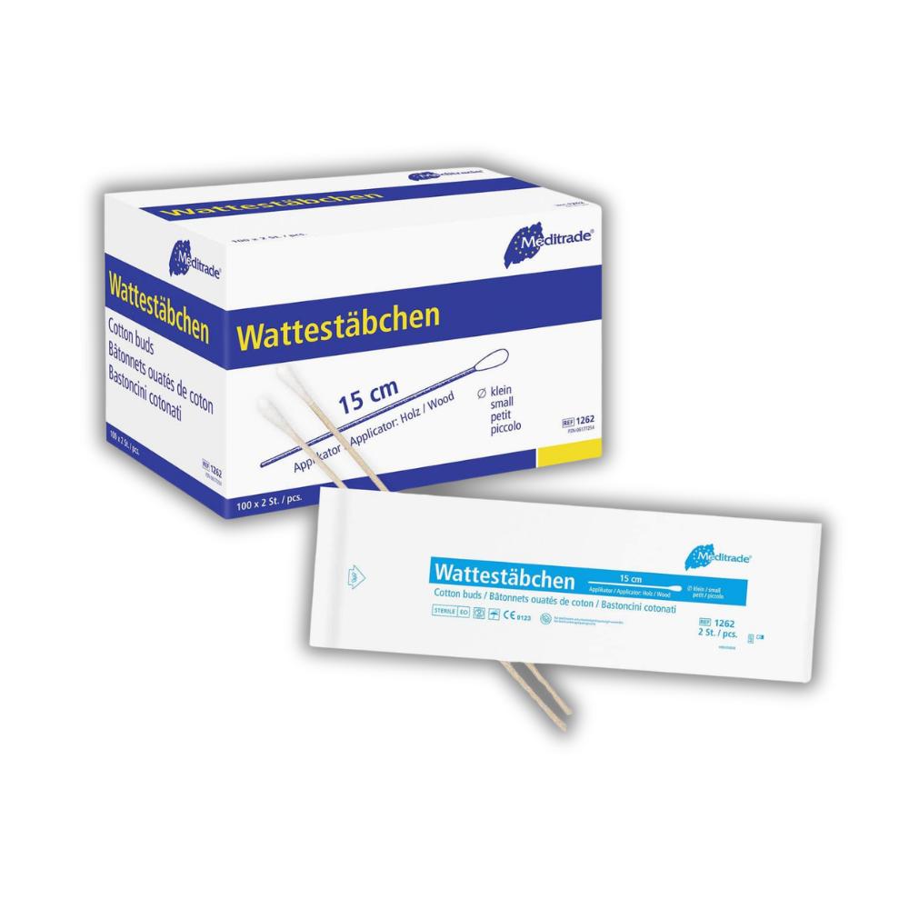 Wattestäbchen steril zu 2 Stk steril verpackt, Länge: 15 cm, kleiner Kopf, Holz