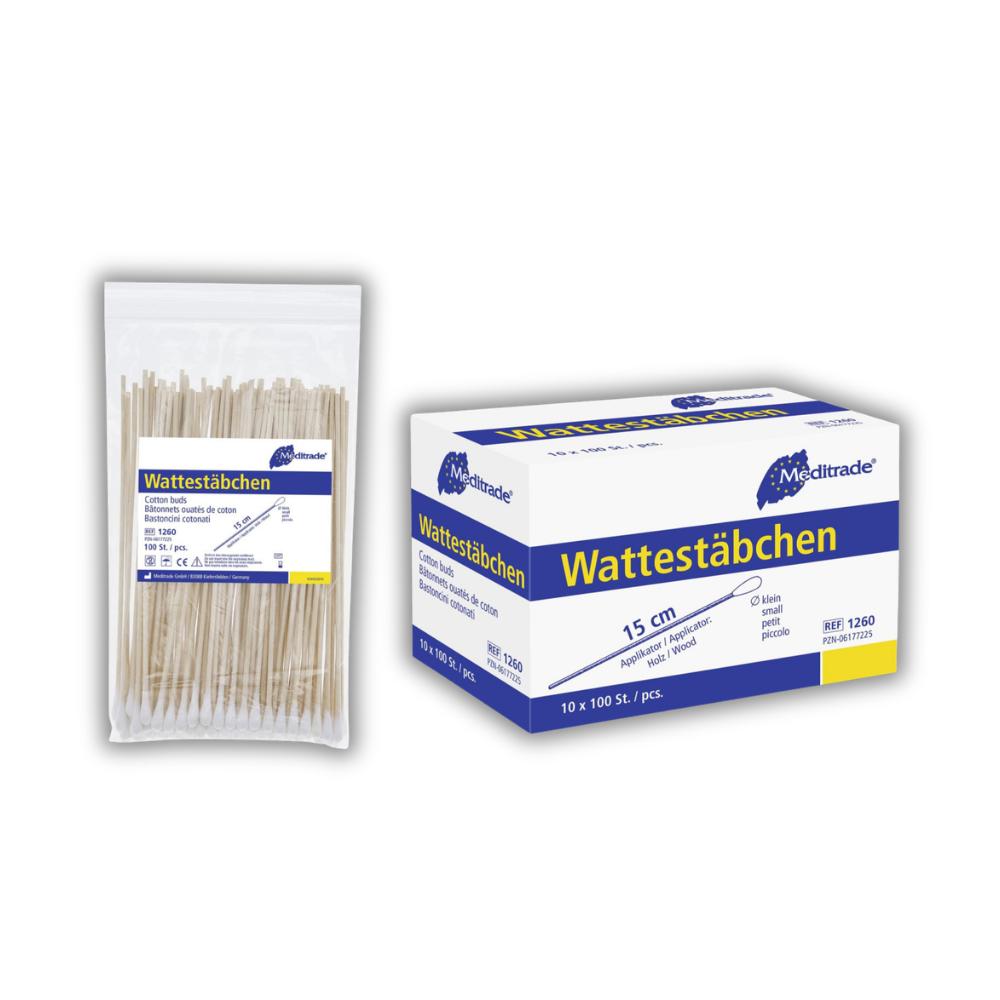 Wattestäbchen unsteril Länge: 15 cm, kleiner Kopf, Holz, unsteril