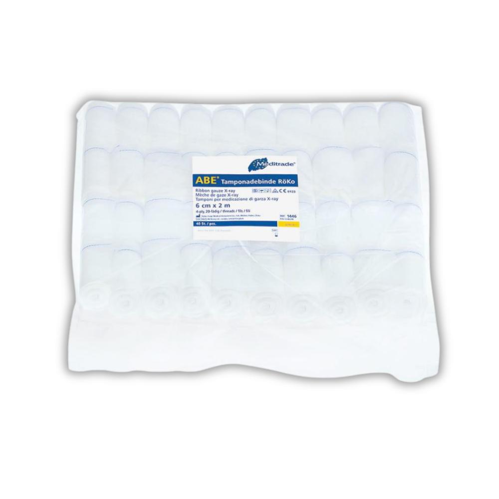 ABE® Tamponadebinde RöKo mit RöKo, doppelt steril, 6 cm x 2 m, 20-fädig, 4-fach