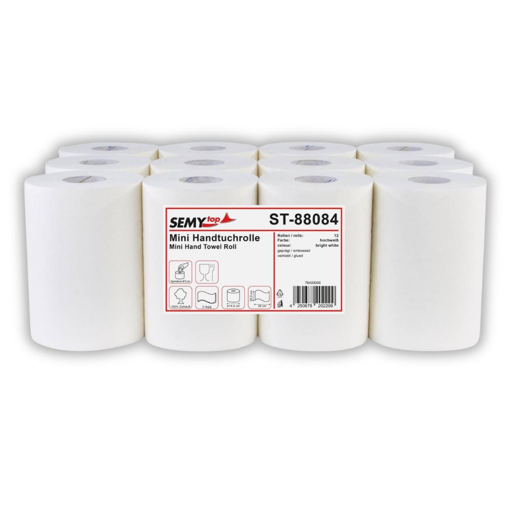 SEMYtop Handtuchrolle MINI 20 cm, 2-lagig Zellstoff weiß, Ø 14 cm, 12 Rollen