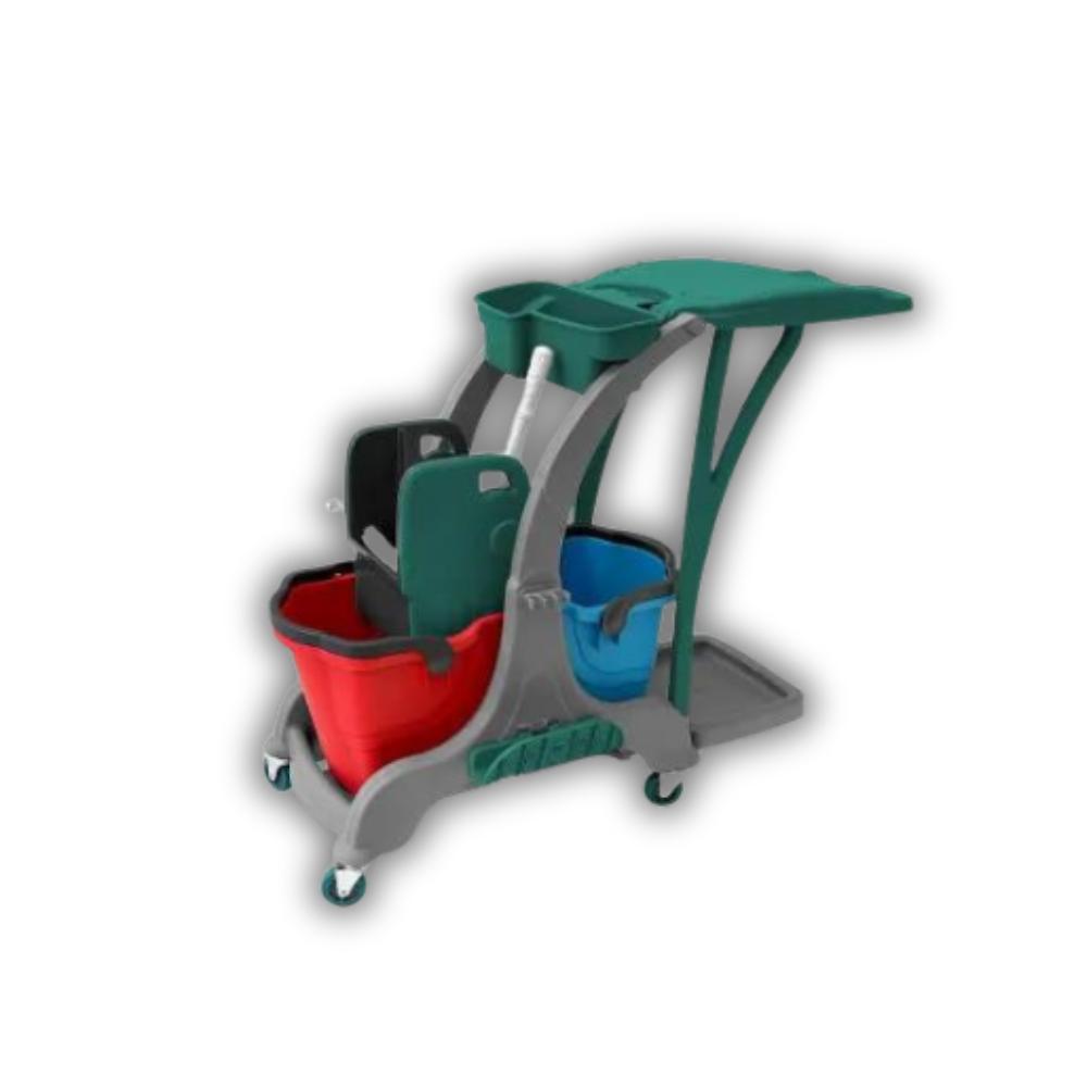 SEMYtop Doppelfahrwagen mit 2 x 25 l Eimer, Moppresse, Utensil- behälter, Müllsackhalterung, Mophalter + Ablage