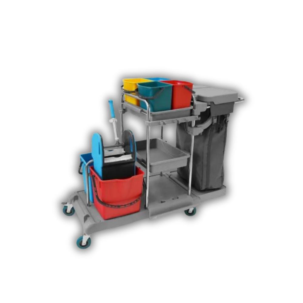 SEMYtop Reinigungswagen mit 4 x 5 l und 2 x 18 l Eimer Moppresse, Mophalter+Ablage, Utensilbehälter, 100l Leinentasche