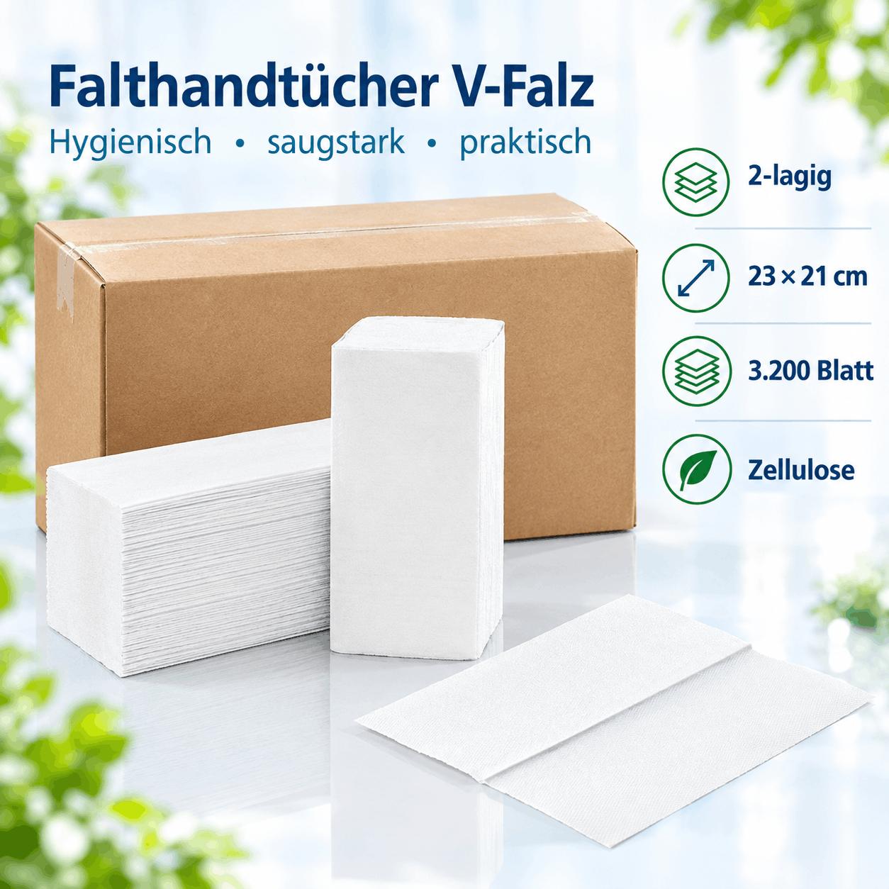 Falthandtücher, V-Falz, 2-lagig, 23,0 x 21,0 cm, 3200 Blatt, Zellulose