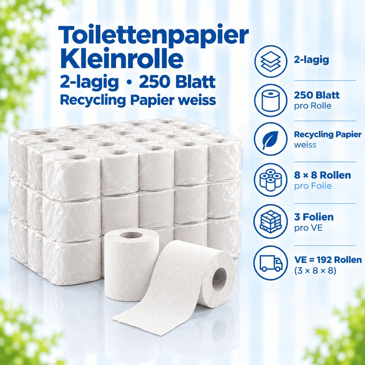 Toilettenpapier Kleinrolle, 2-lagig, 250 Blatt, Recycling