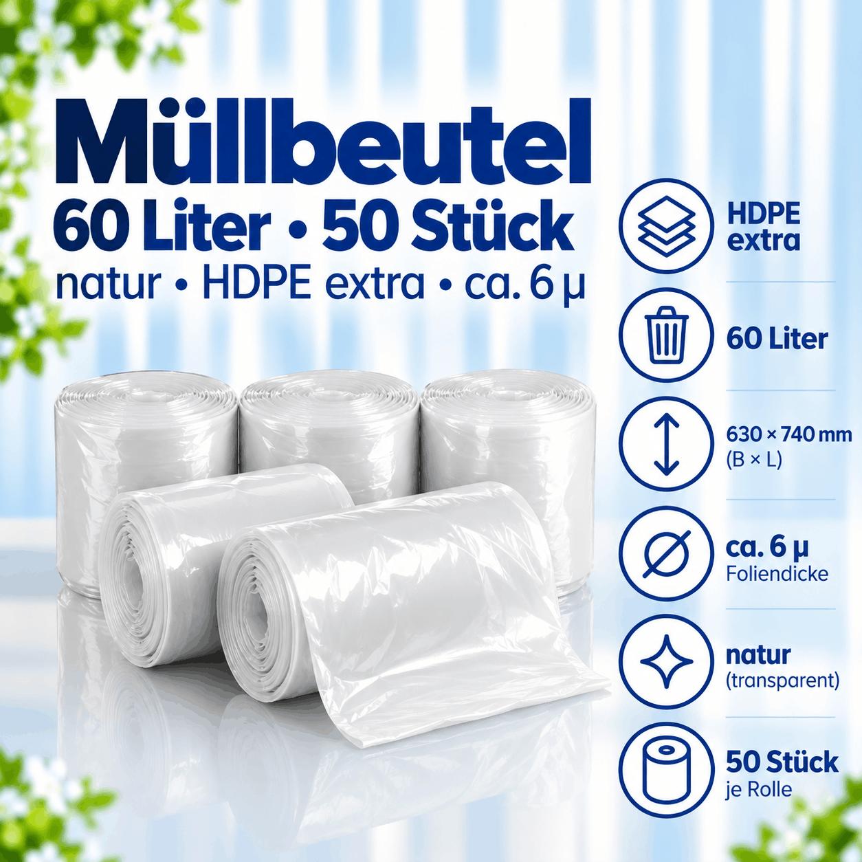 50 Müllbeutel - 60 Liter natur - HDPE extra - ca. 6µ
