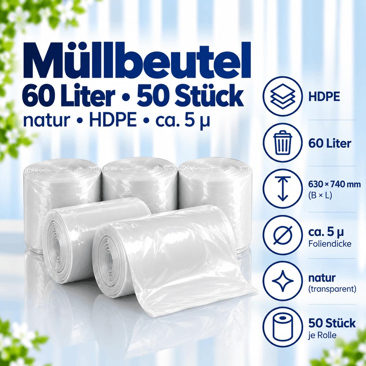 50 Müllbeutel - 60 Liter natur - HDPE - ca. 5µ