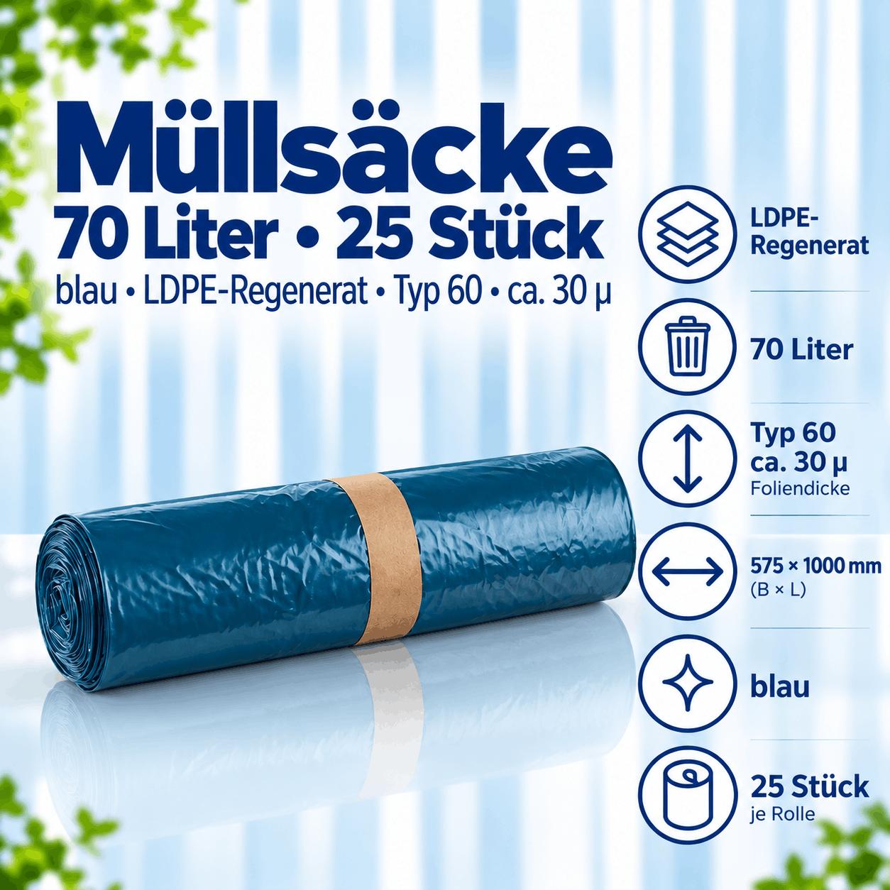 25 Müllsäcke - 70 Liter blau - LDPE-Regenerat - Typ 60 ca. 30µ