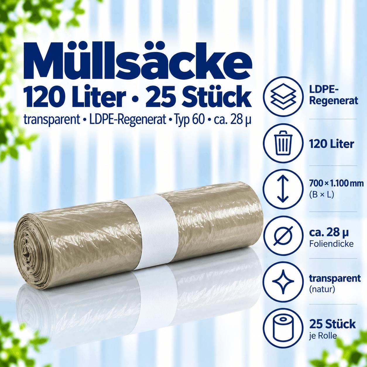 25 Müllsäcke - 120 Liter transparent - LDPE-Regenerat - Typ 60 ca. 28µ