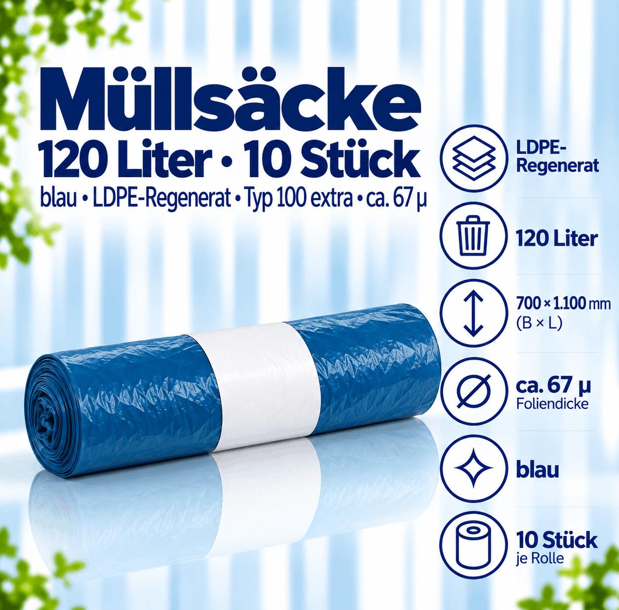 10 Müllsäcke - 120 Liter blau - LDPE-Regenerat - Typ 100 extra ca. 67µ