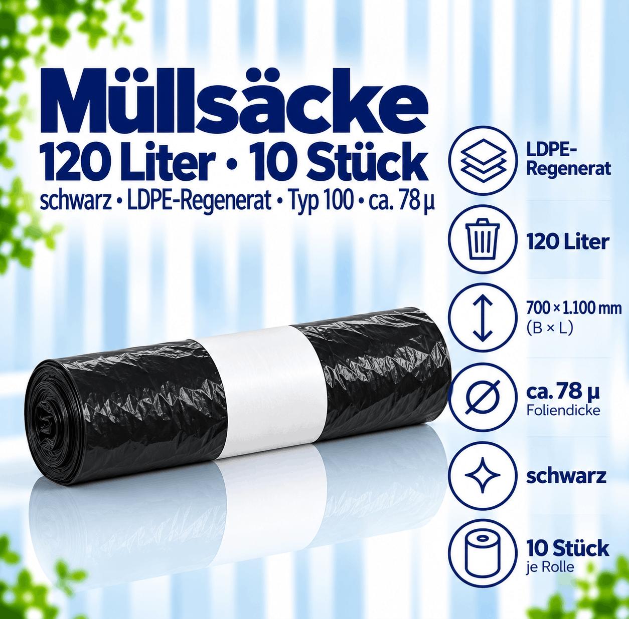 10 Müllsäcke - 120 Liter - schwarz - LDPE-Regenerat - Typ 100 ca. 78µ