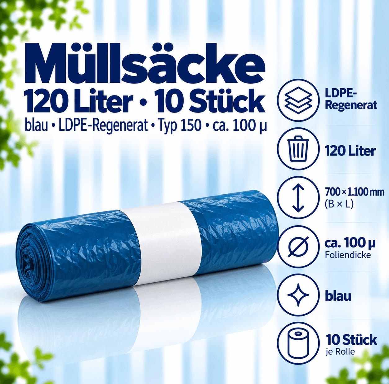 10 Müllsäcke - 120 Liter blau - LDPE-Regenerat - Typ 150 ca. 100µ