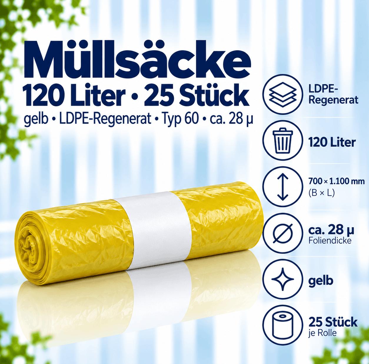 25 Müllsäcke - 120 Liter - gelb - LDPE-Regenerat - Typ 60 ca. 28µ