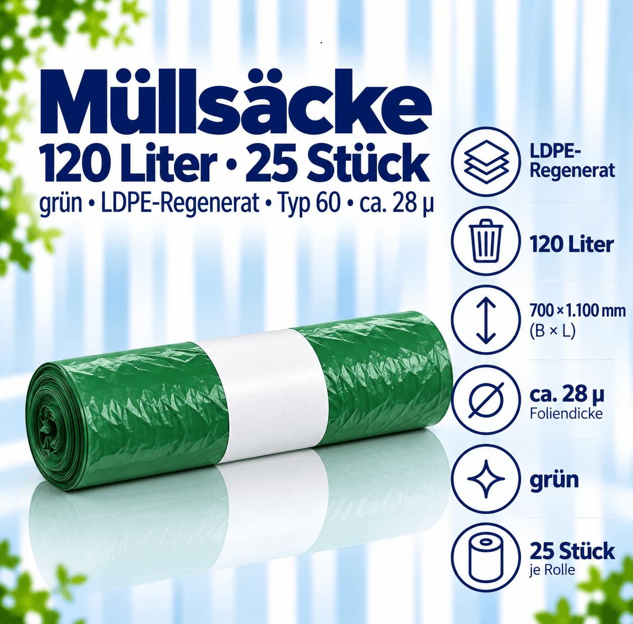 25 Müllsäcke - 120 Liter - grün - LDPE-Regenerat - Typ 60 ca. 28µ