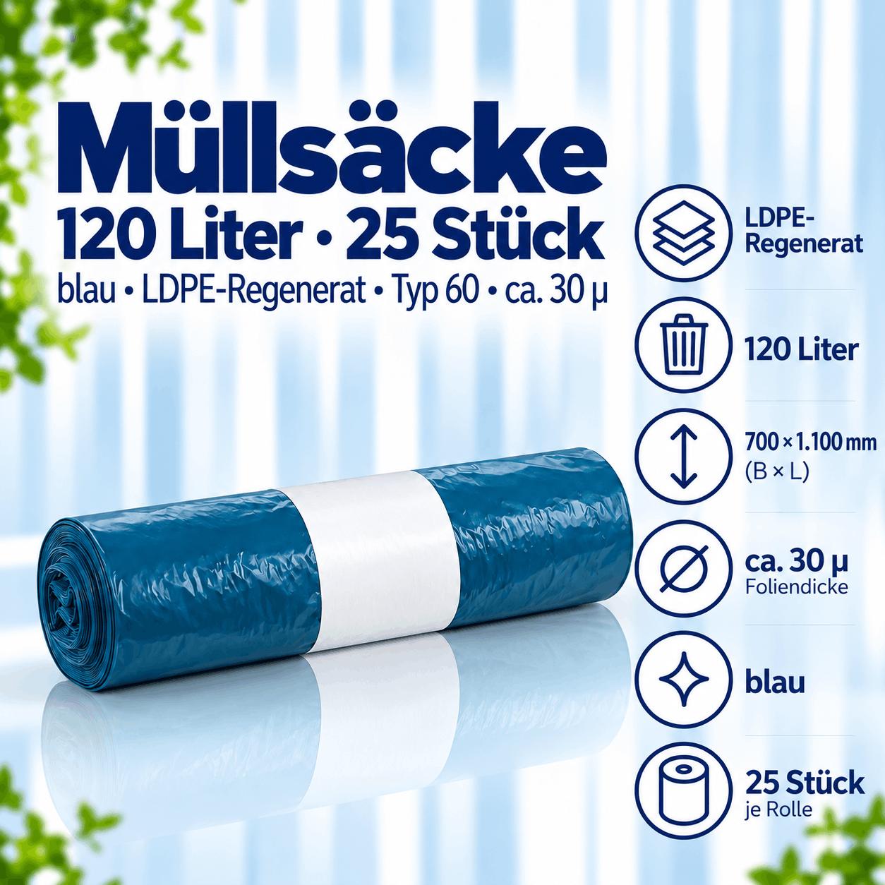 25 Müllsäcke - 120 Liter blau - LDPE-Regenerat - Typ 60 ca. 30µ