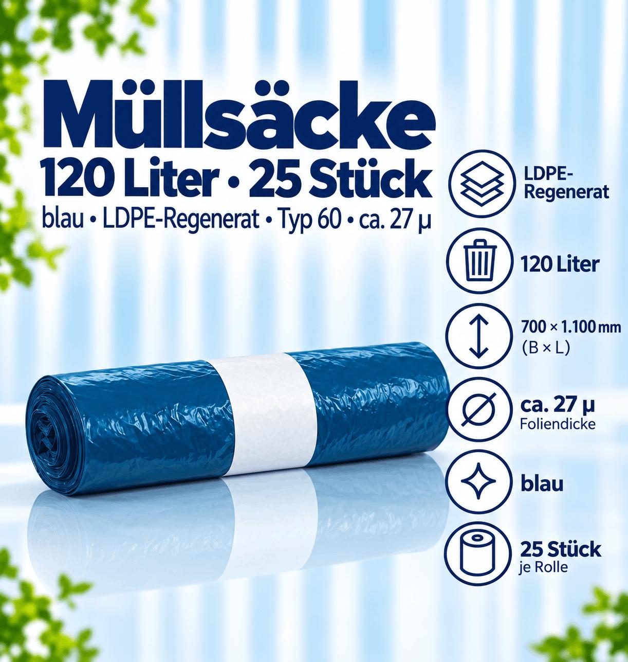 25  Müllsäcke - 120 Liter blau - LDPE-Regenerat - Typ 60 ca. 27µ Sobsy