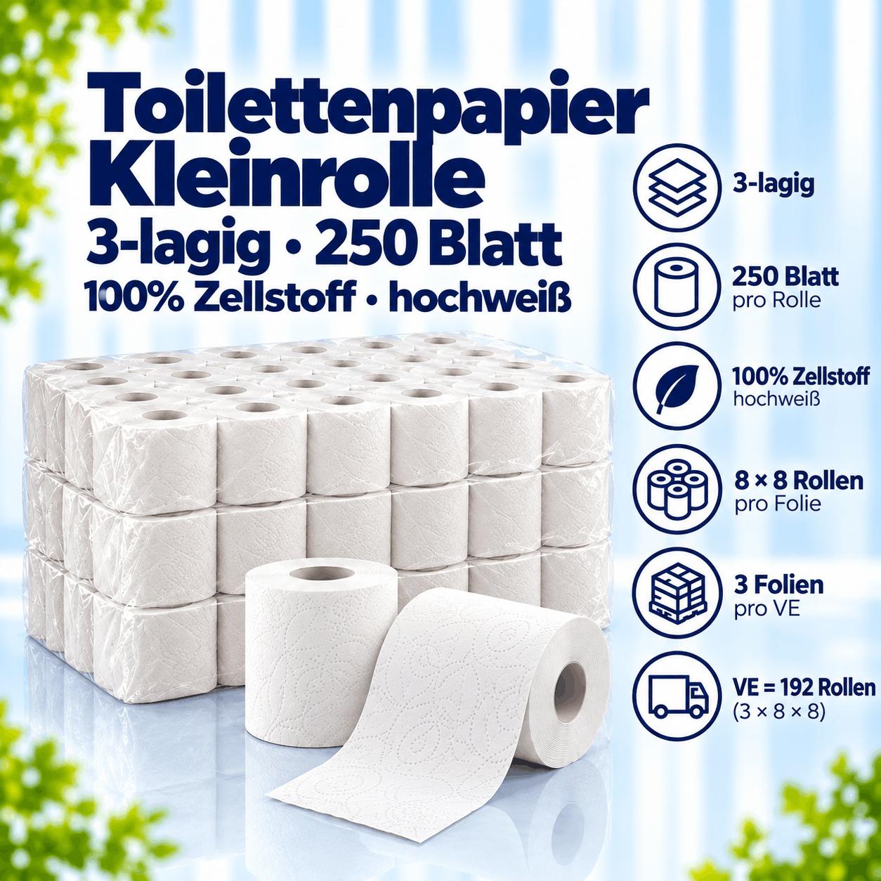 Toilettenpapier Kleinrolle, 3-lagig, 250 Blatt, 100% Zellstoff