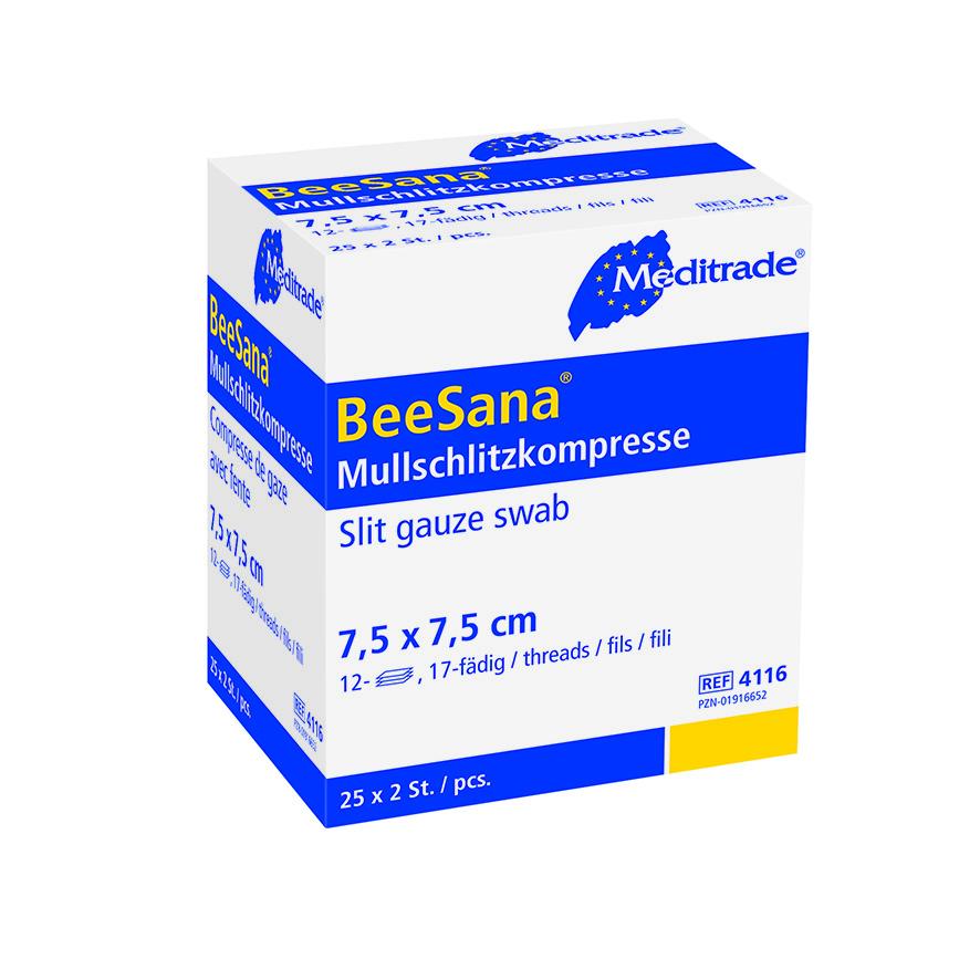 BeeSana® Mullschlitzkompresse steril, 12-fach, 7,5 x 7,5 cm  (25x2 Stück)