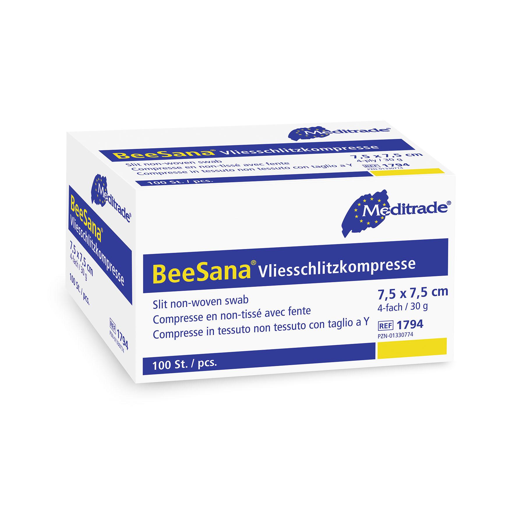 BeeSana® Vliesschlitzkompresse unsteril, 4-fach, 30 g, 10 x 10 cm