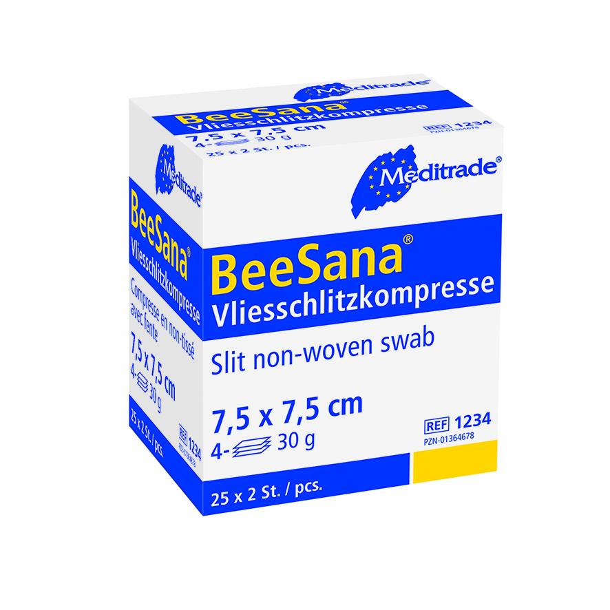 BeeSana® Vliesschlitzkompresse steril, 6-fach, 30 g, 10 x 10 cm (25x2 Stück)