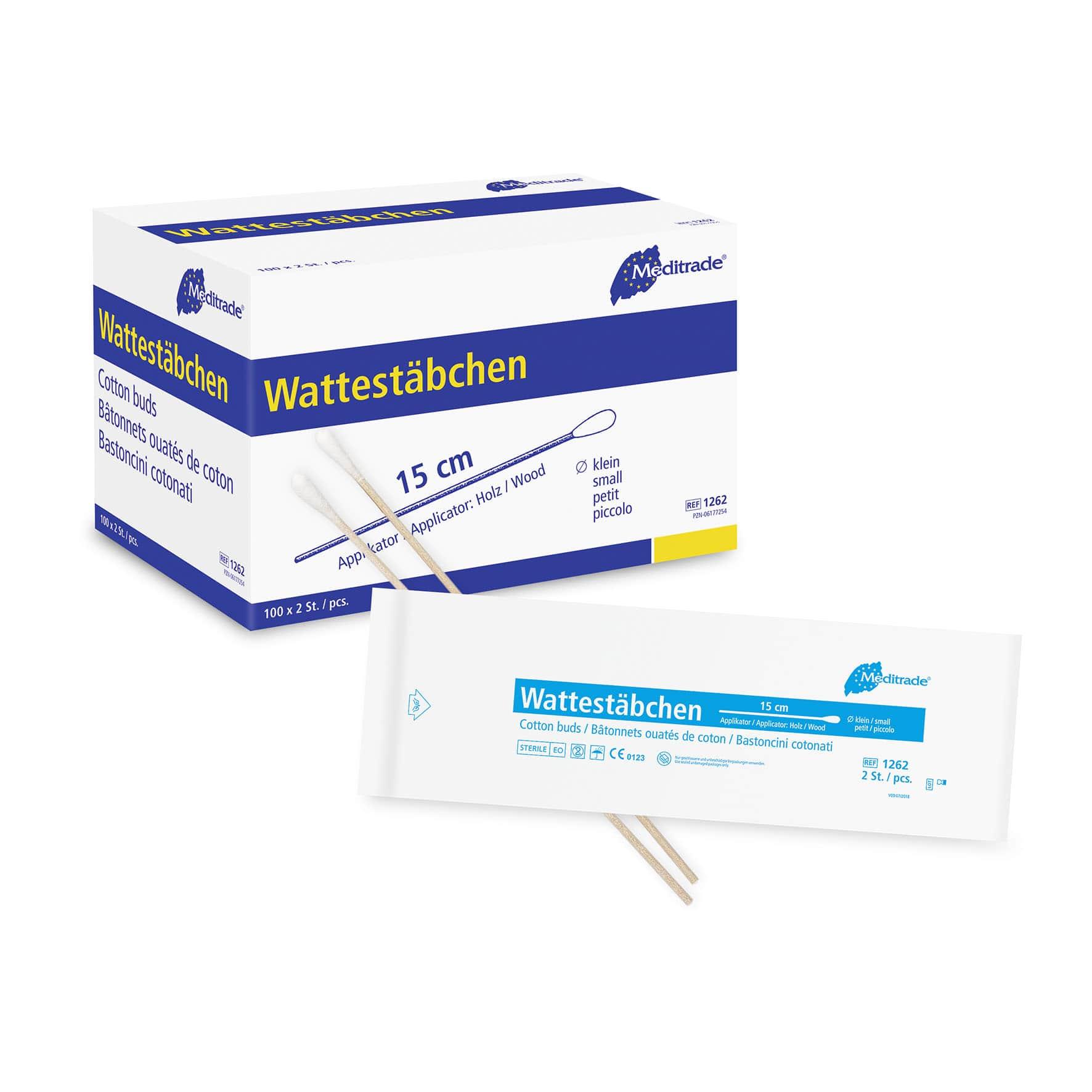 Wattestäbchen steril zu 2 Stk steril verpackt, Länge: 15 cm, kleiner Kopf, Holz