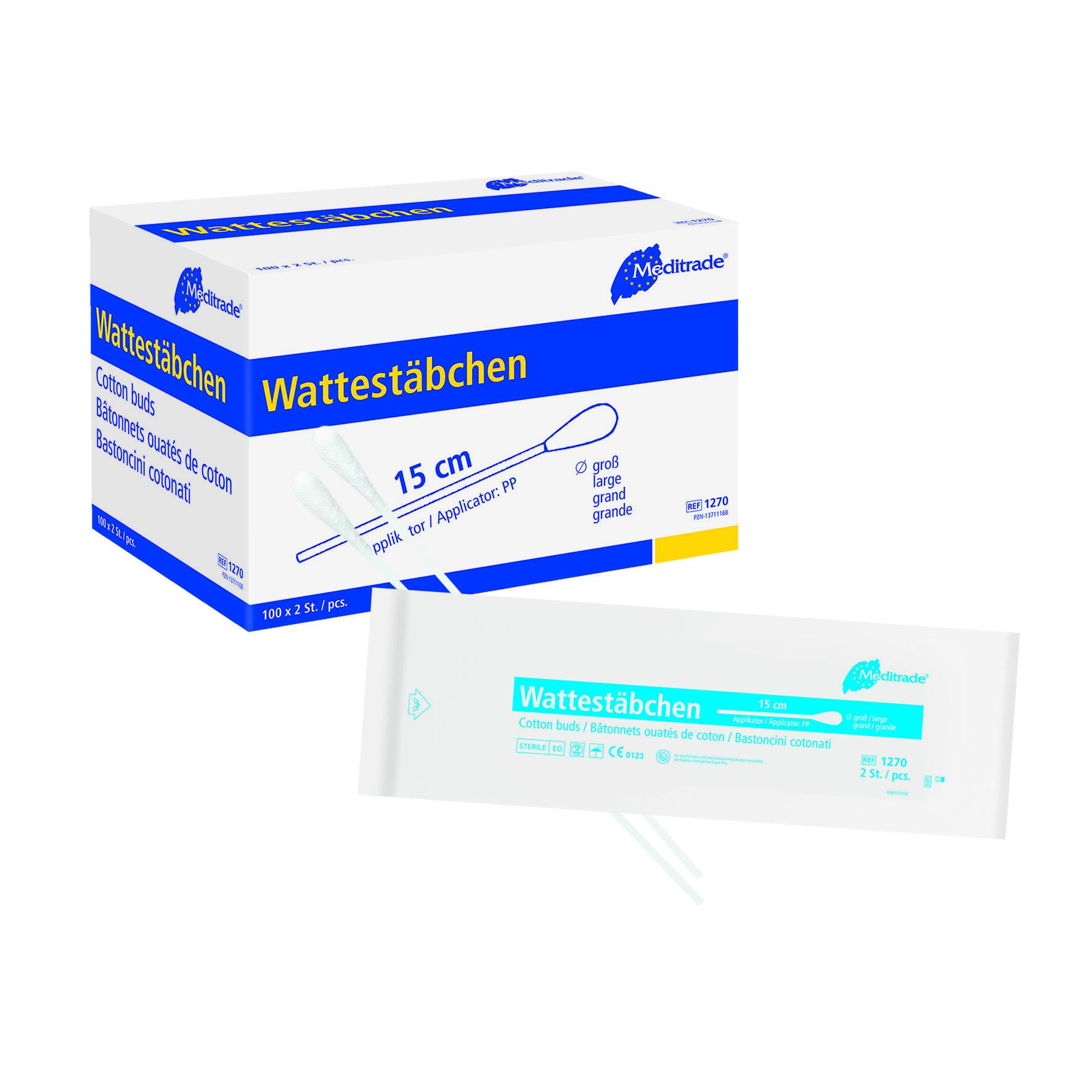 Wattestäbchen steril zu 2 Stk steril verpackt, Länge: 15 cm, großer Kopf, Kunststoff