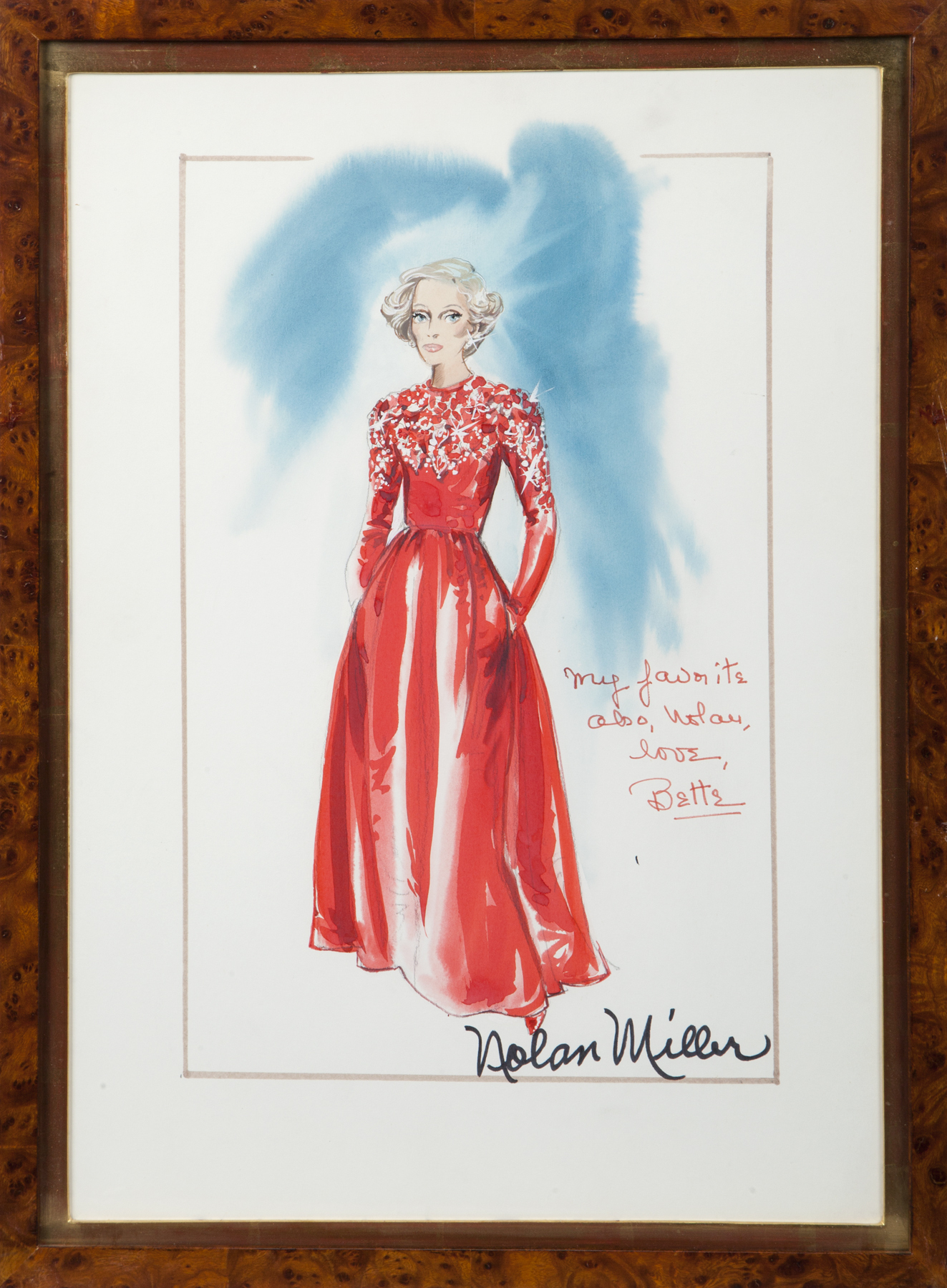 bette davis red dress BETTE DAVIS COSTUME SKETCH SIGNED TO NOLAN MILLER AND INSCRIBED PHOTOGRAPH