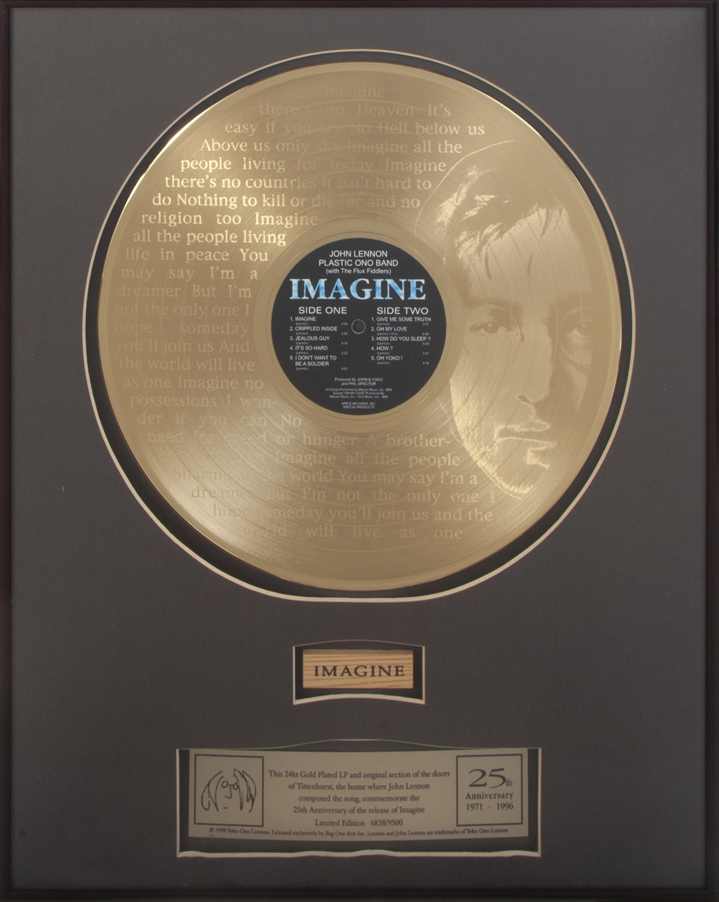 【9500枚限定】ジョン・レノン「Imagine 25周年」ゴールドディスク JOHN LENNON 25TH ANNIVERSARY LIMITED EDITION COMMEMORATIVE IMAGINE