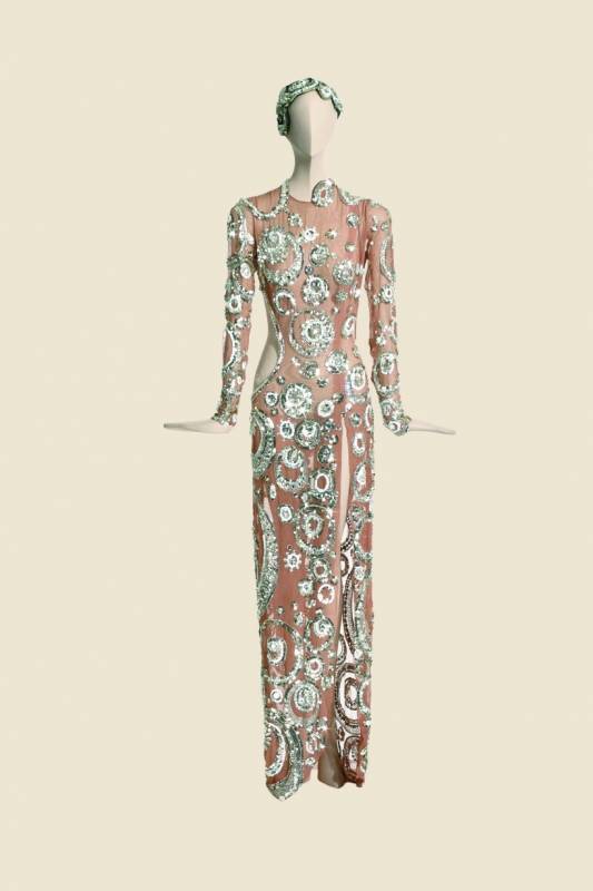 cher beaded dress plisse