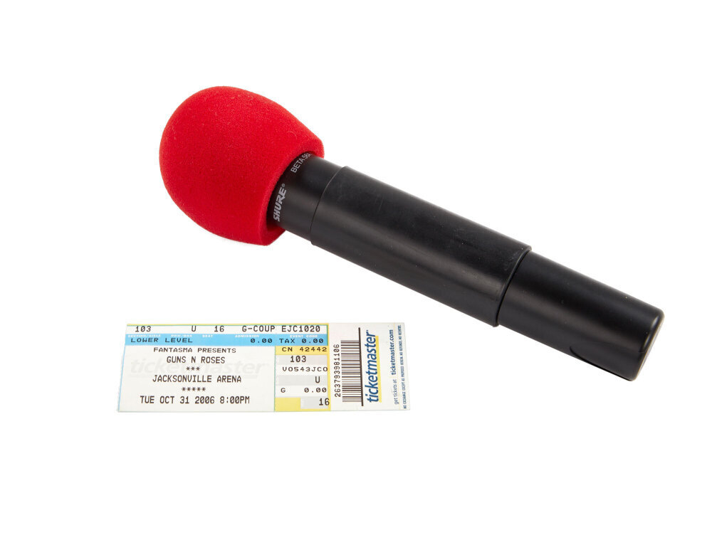 GUNS N' ROSES: AXL ROSE STAGE-USED MICROPHONE AND CONCERT TICKET