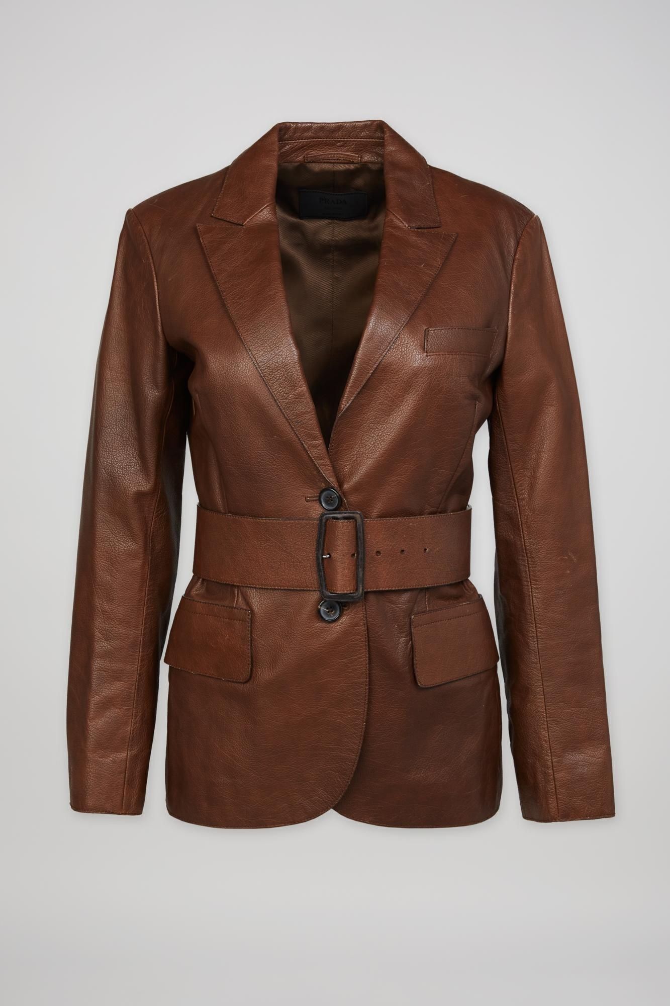 PRADA ブラウン レザー テーラードジャケット Prada | Brown Belted Leather Jacket