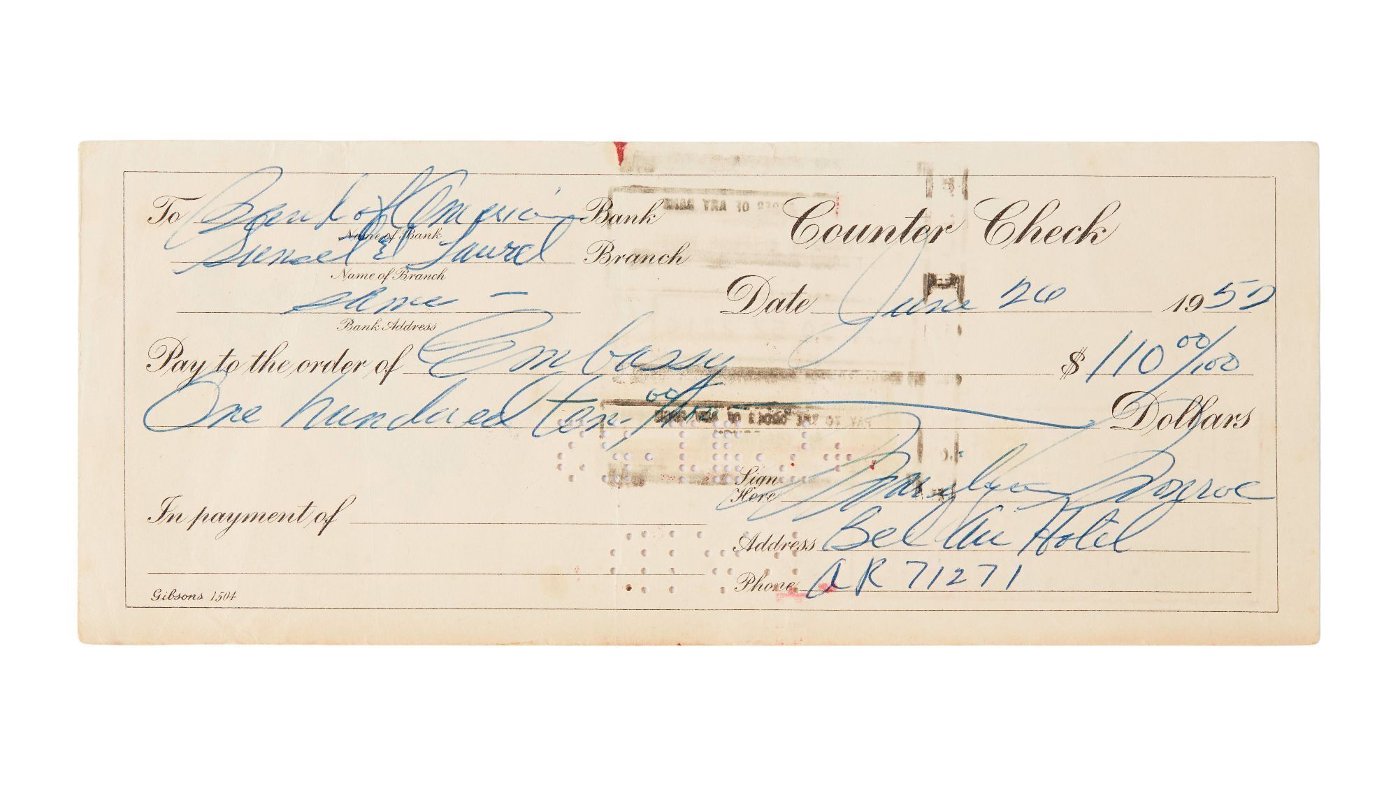 Marilyn Monroe | 1952 Handwritten Check
