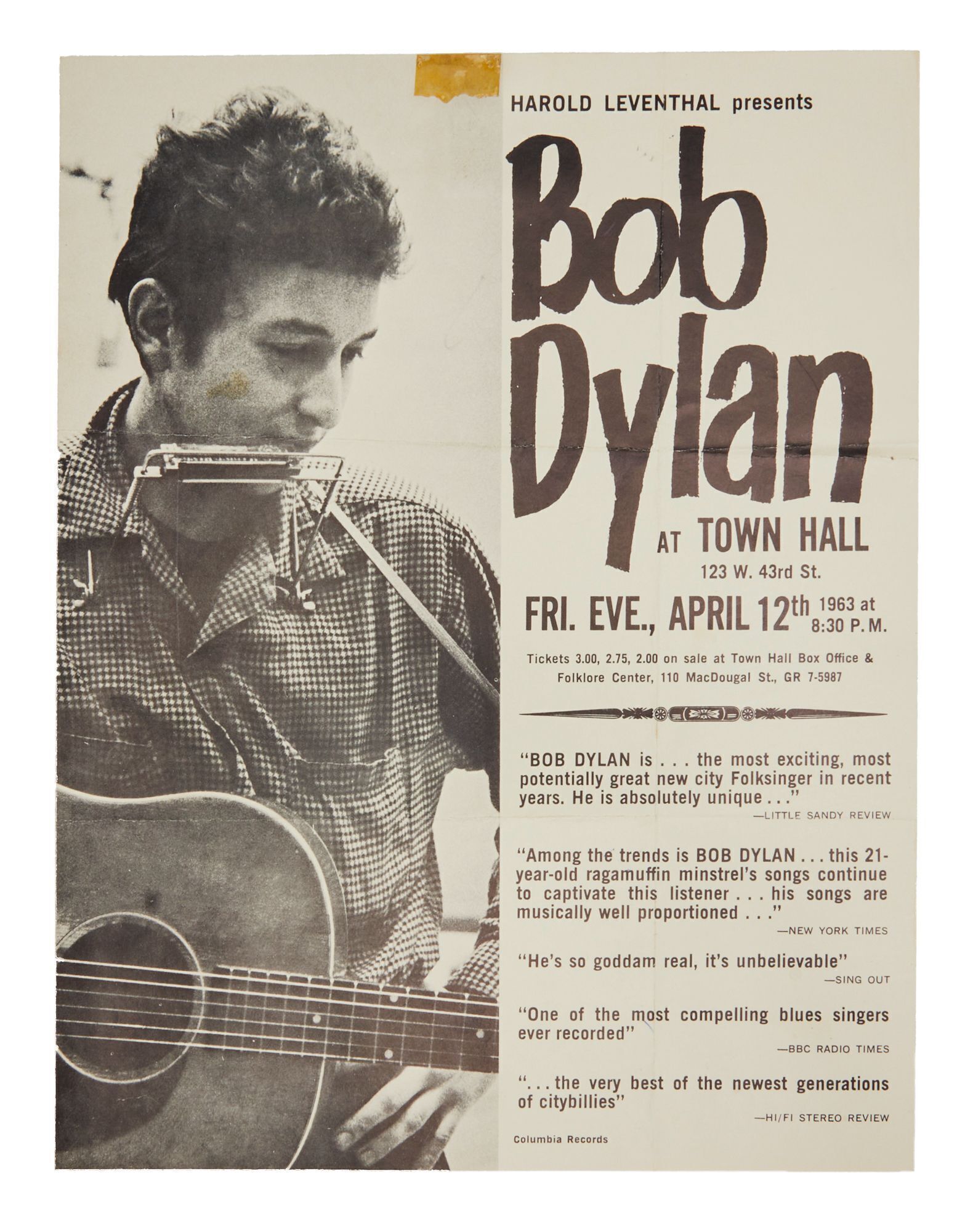 Bob Dylan | April 1963 Town Hall First Solo Performance Handbill