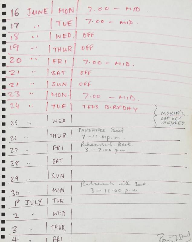 RONNIE WOOD HANDWRITTEN JUNE/JULY CALENDAR