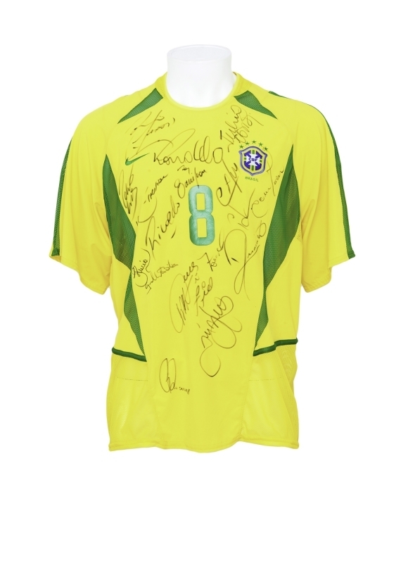 GILBERTO SILVA 2002 BRAZIL MATCH WORN AND TEAM SIGNED JERSEY