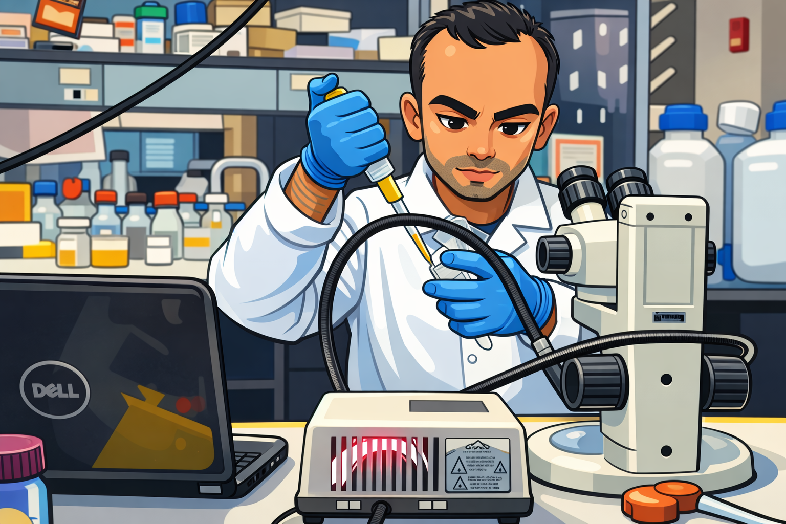 Cartoon illustration of a PhD student conducting laboratory research with microscope and pipette