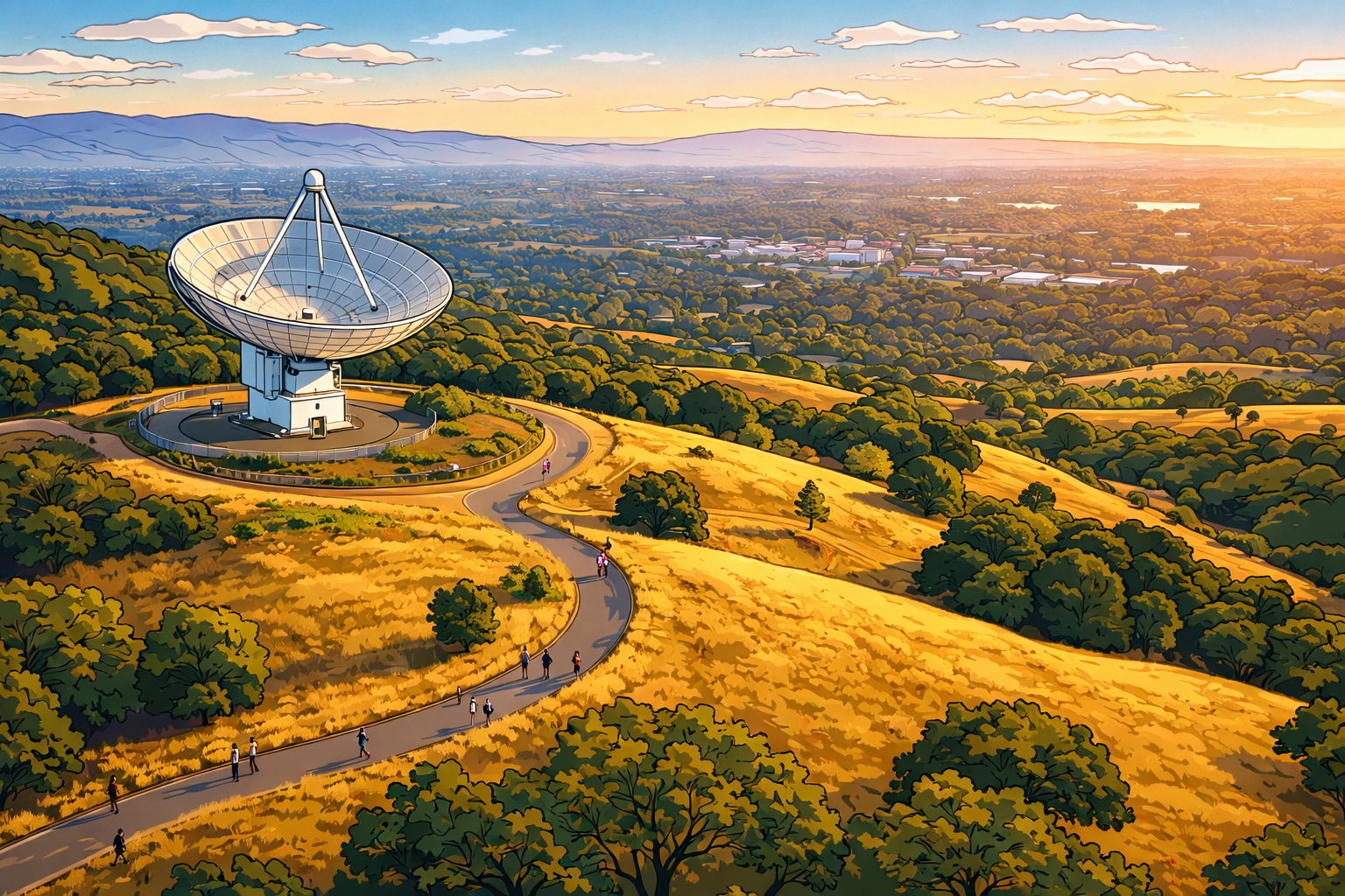 Stanford Dish overlooking Stanford University and Silicon Valley hills