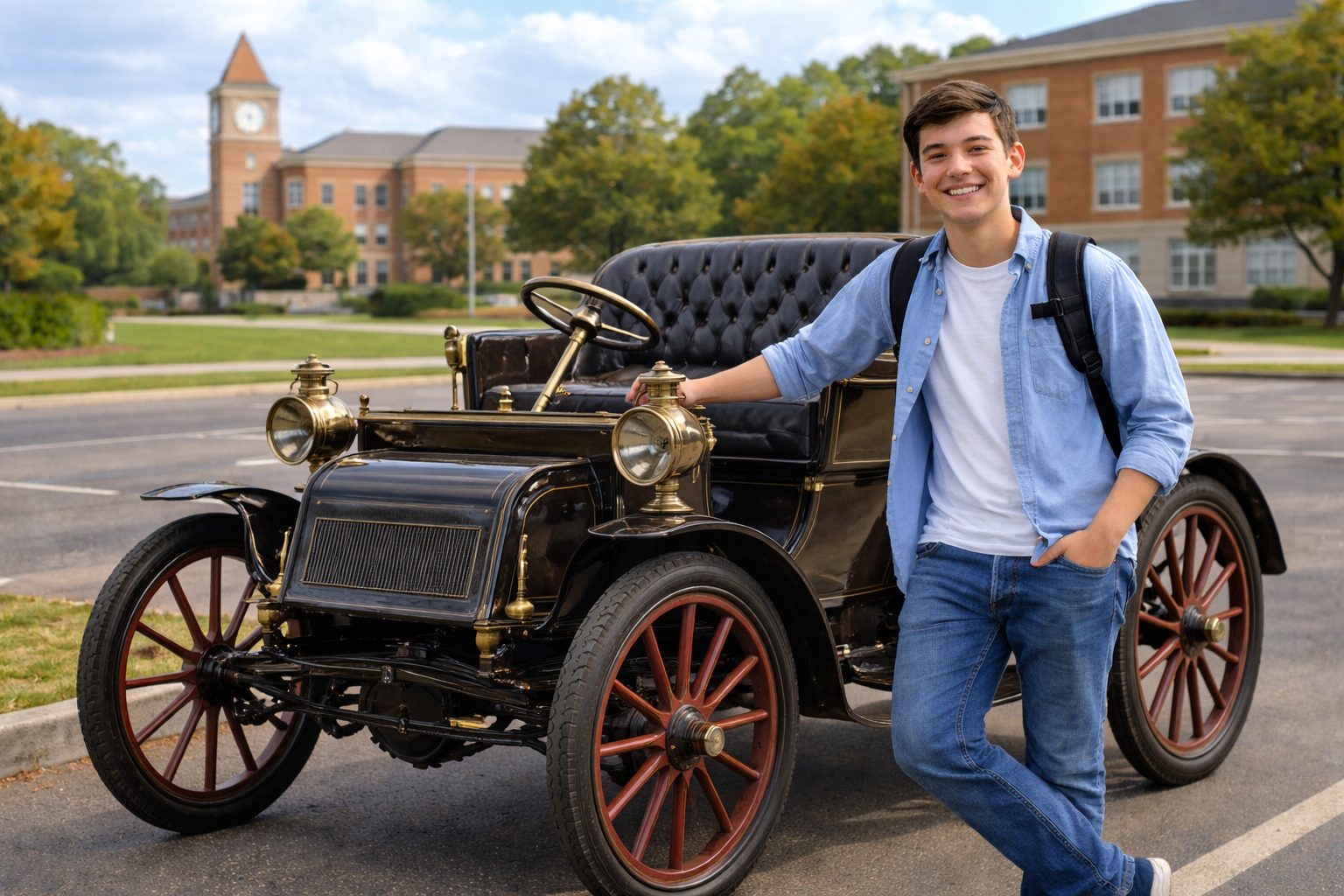 “College student standing next to reliable compact sedan on university campus – smart car choice for students focused on lifespan and value”