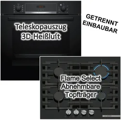 BOSCH Backofen-Set schwarz 3D Heißluft Hydrolyse Flame Select mit 1-fach Teilauszug EcoClean Direct 4262429948134