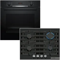 BOSCH Backofen-Set schwarz 3D Heißluft Hydrolyse Flame Select mit 1-fach Teilauszug EcoClean Direct 4262429948134