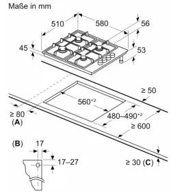 BOSCH Gas-Kochfeld PBP6B5K80 Edelstahl 11365 2944