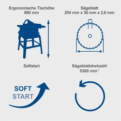 Tischkreissäge HS254 Scheppach mit Softstart und Tischverbreiterung 30817 9300
