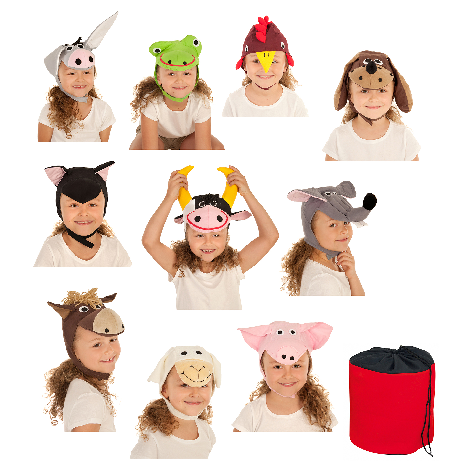 Tierkostüme, 10er Set Kostümmützen, inkl. Tasche