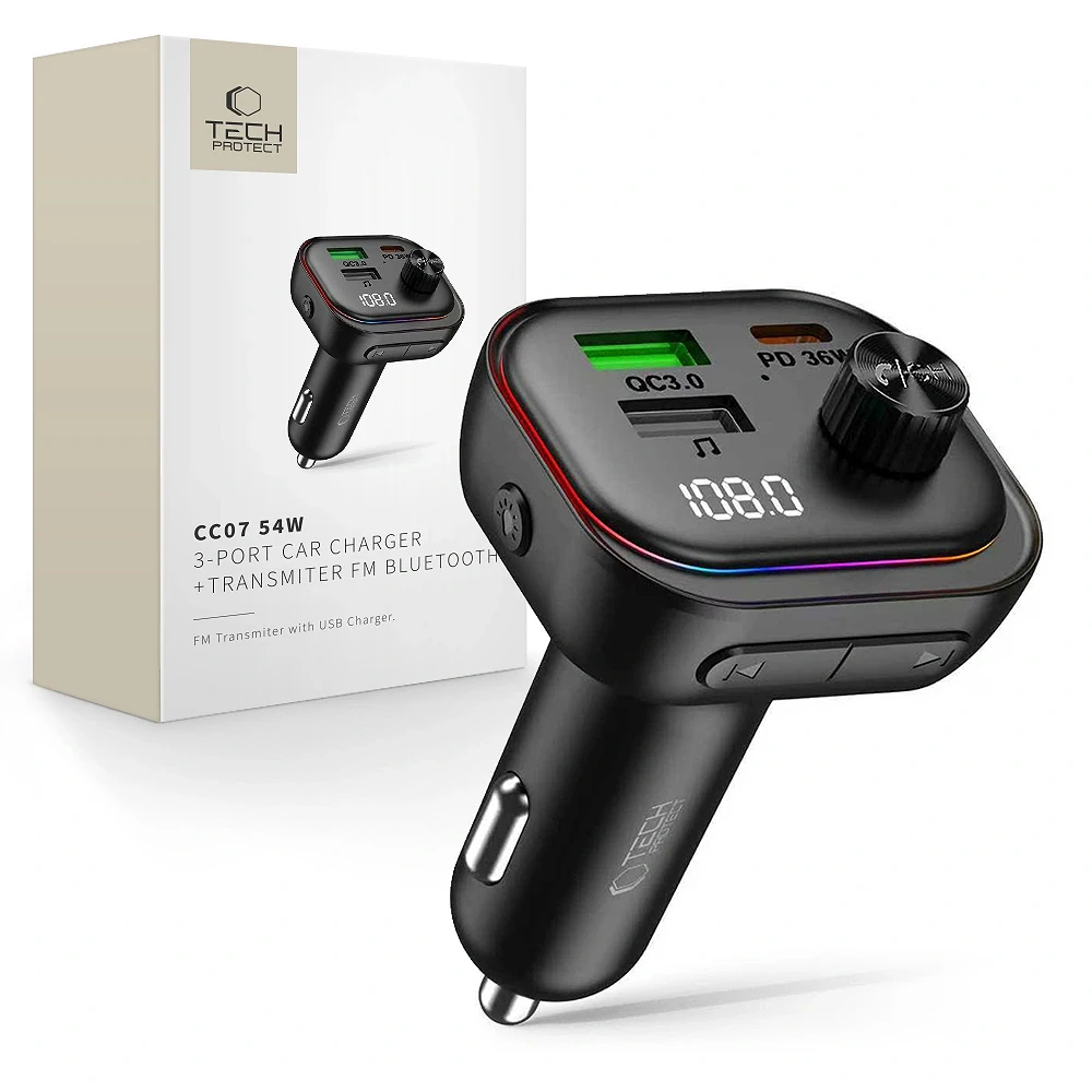 Tech‑Protect Φορτιστής Αυτοκινήτου CC07 3‑Port Car Charger PD 54W & FM Transmitter Bluetooth Black