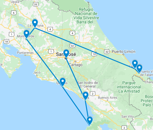 Routekaart van de 3weekse bloggerrondreis door Costa Rica
