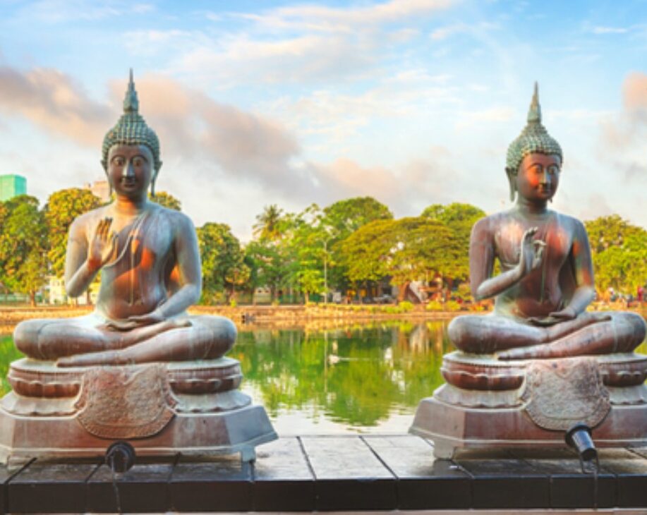 serene buddha beelden voor kanaal en tropisch groen in colombo