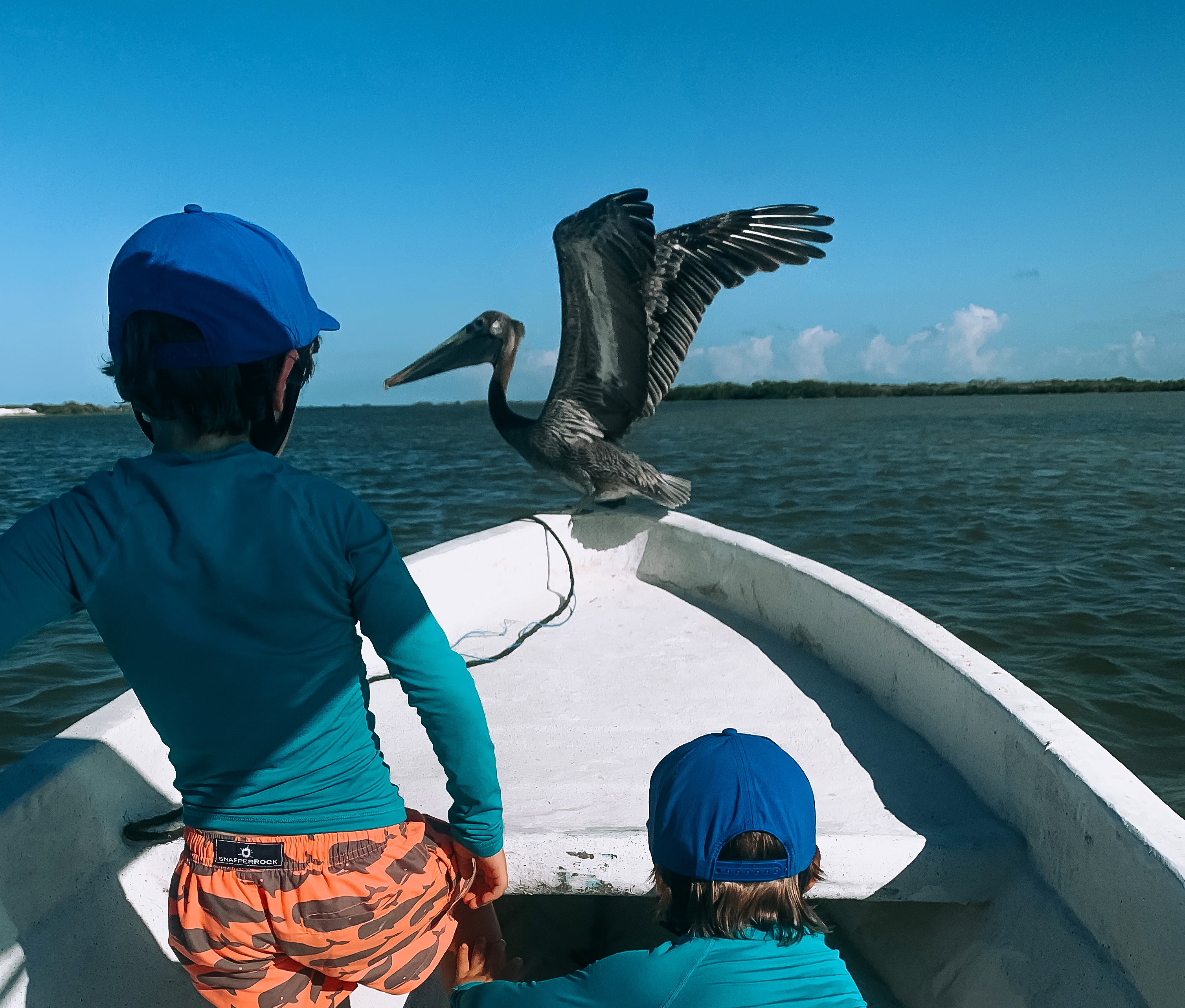 Kinderen in een boot op helderblauw water, met bruine pelikaan op uiteinde boot