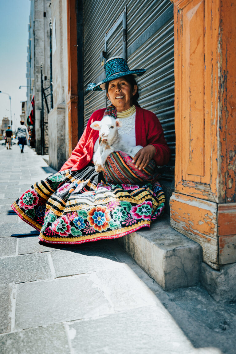 peruaanse vrouw in traditionele kleding met een geitje op schoot zittend op straat